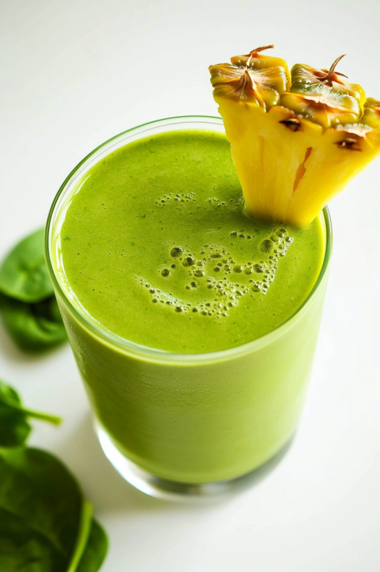 A glass of green smoothie with a pineapple wedge on top.