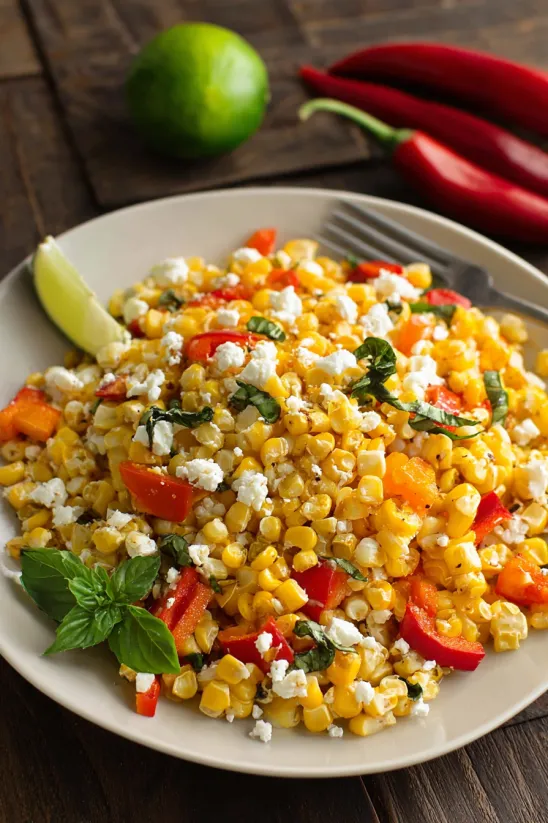 A plate of grilled corn salad with feta and sweet peppers.
