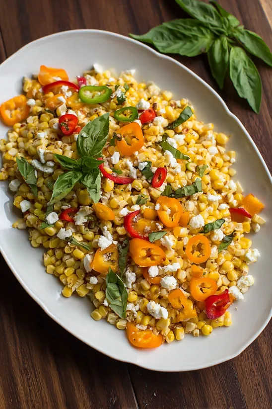 A white plate with corn and peppers.