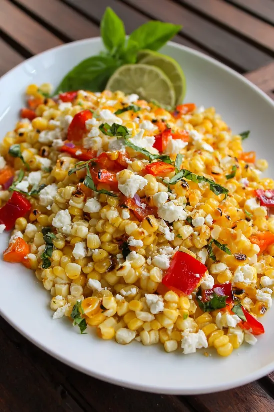 A white plate with corn and tomatoes.
