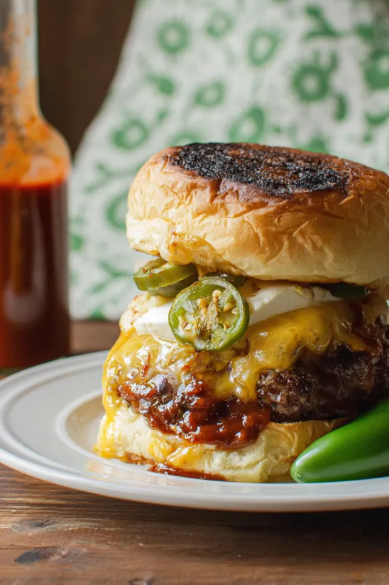 A juicy grilled BBQ burger with jalapenos and cheese.