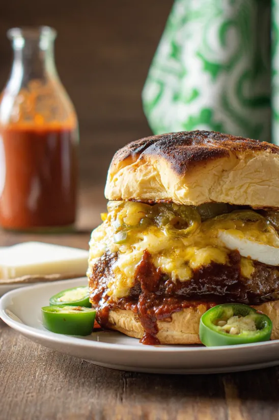 A burger with a bun and a green sauce.