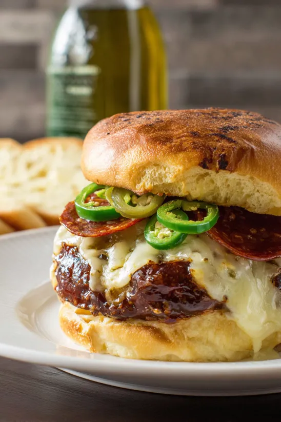 A burger with jalapenos and cheese.