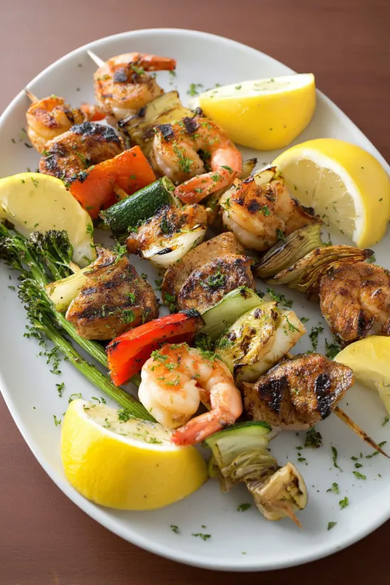 A plate of food with shrimp, lemon, and vegetables.