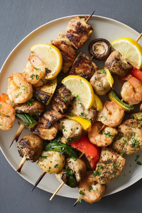 A plate of food with shrimp, lemon, and other vegetables.