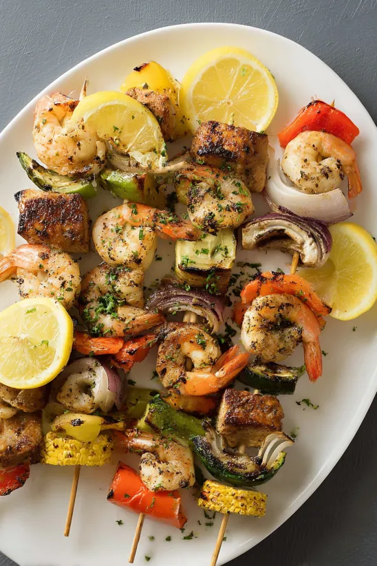 A plate of food with shrimp, lemon, and onions.