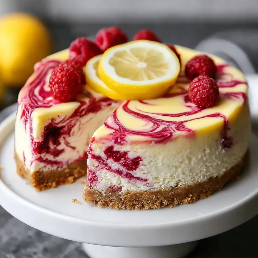 A slice of lemon raspberry swirl cheesecake.