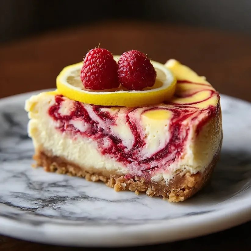 A slice of cheesecake with a lemon wedge on top.