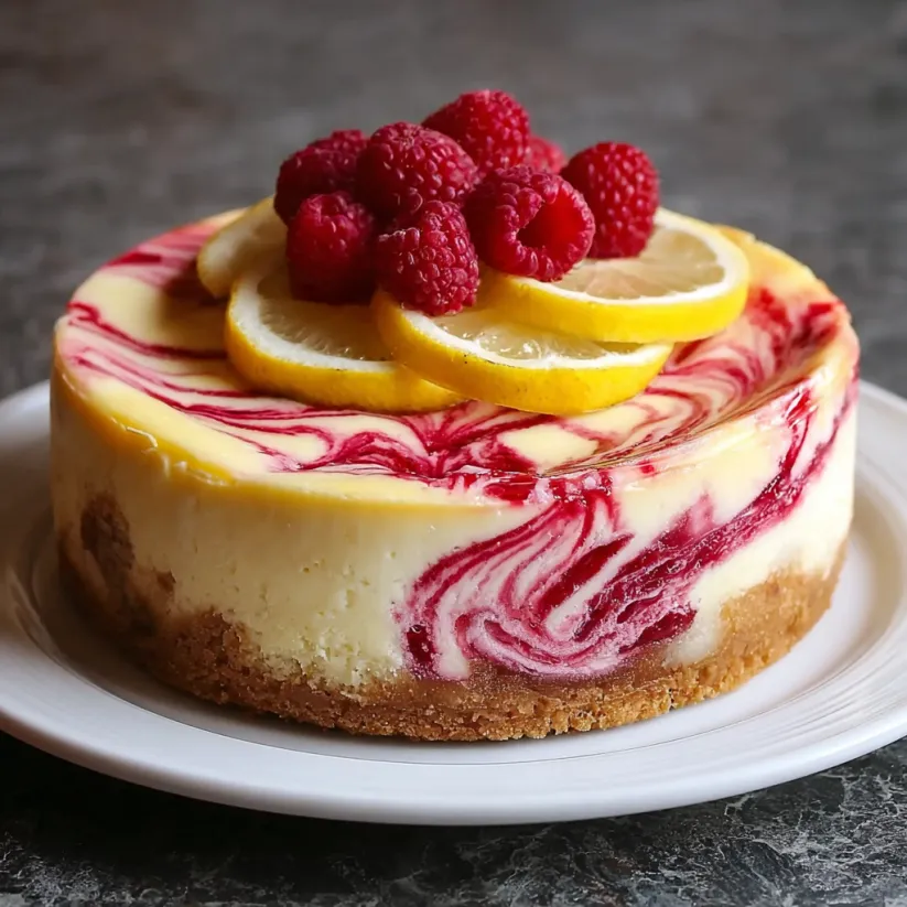 A slice of cake with a lemon and raspberry on top.