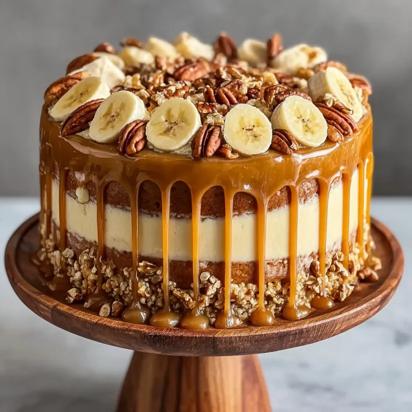 A cake with bananas and walnuts on top.