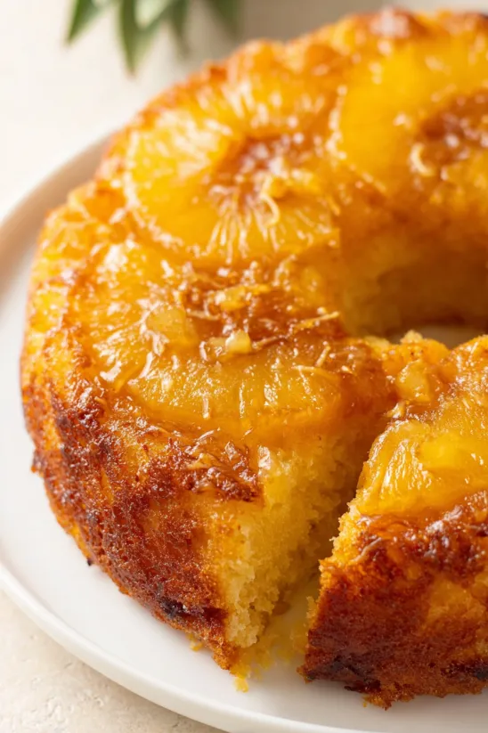 A slice of pineapple coconut bundt cake.