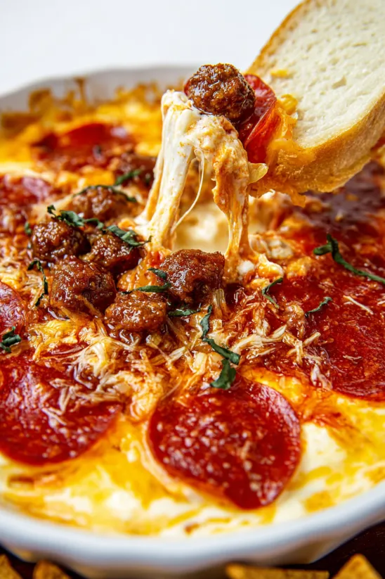 A slice of pizza with cheese and meat on it.