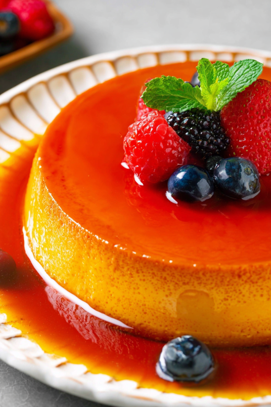 A dessert with a berry on top.
