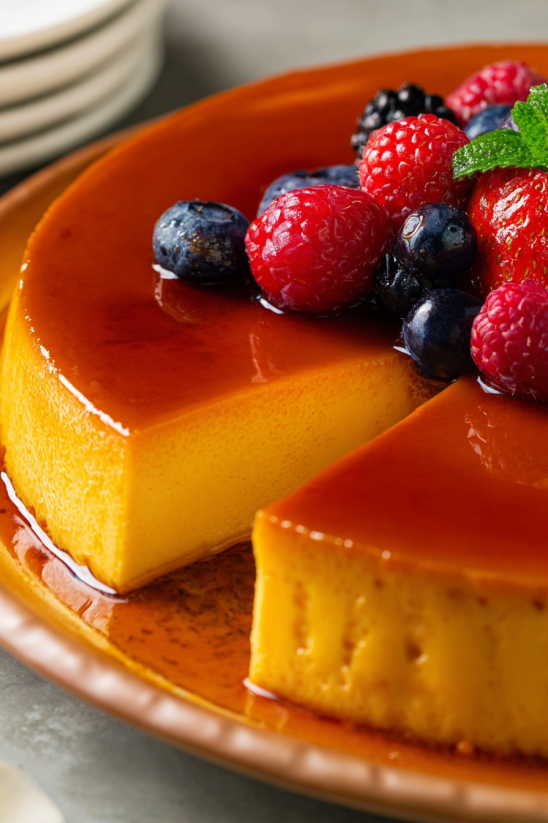 A slice of caramel cheesecake with berries on top.