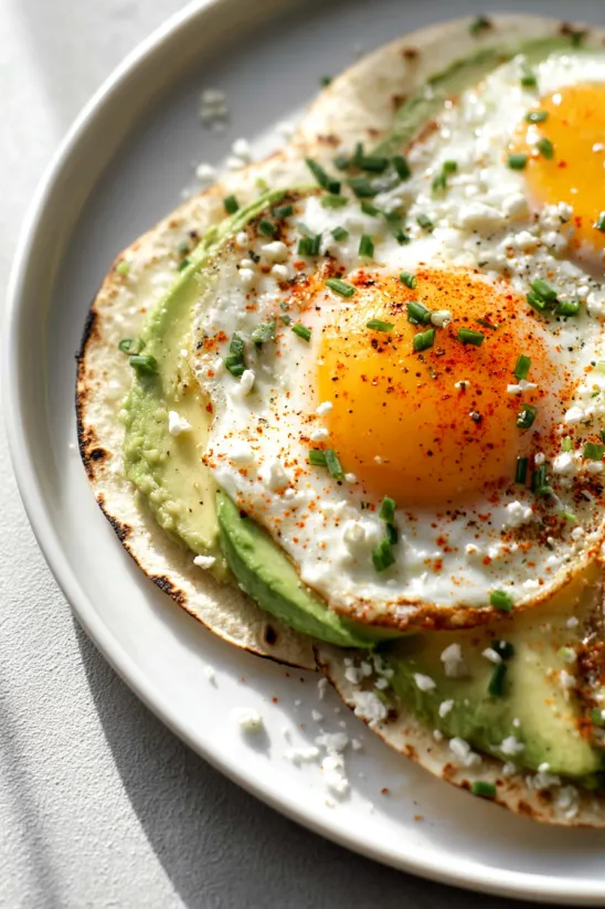 A breakfast plate with eggs, avocado, and chives.