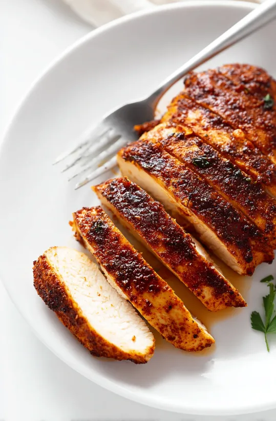 A fork is on a plate with cooked chicken.