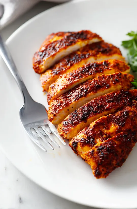 A fork is on a plate with chicken.