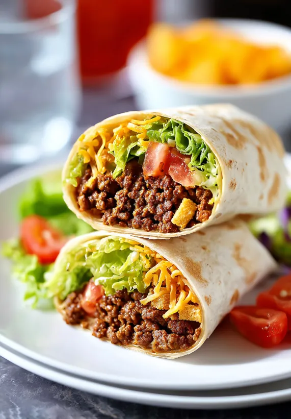 Two grilled cheeseburger wraps on a plate.