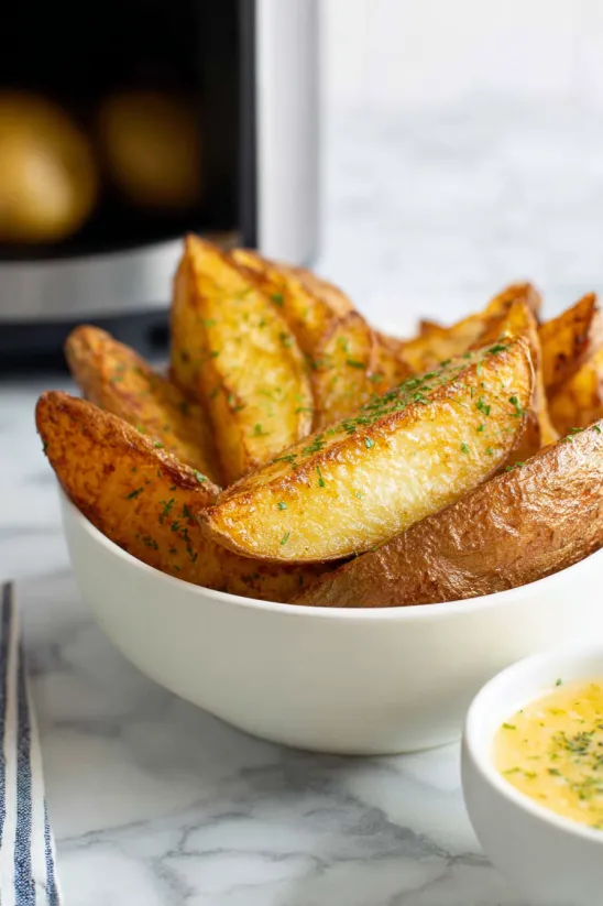 A bowl of air fryer potato wedges.