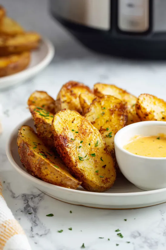 A plate of fries with a bowl of dipping sauce.