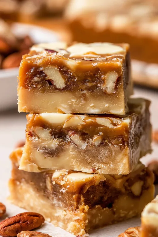 Three layers of fudge with nuts on top.