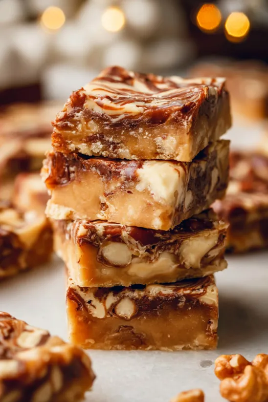 A stack of brownies with white icing.