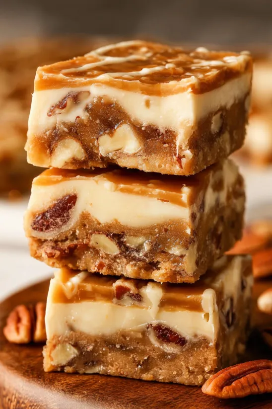Three pieces of cake stacked on top of each other.