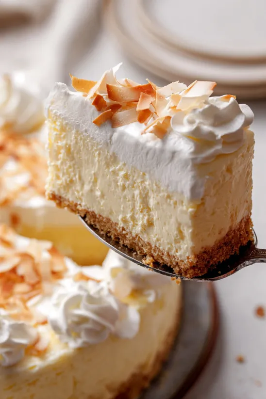 A slice of triple coconut cheesecake.