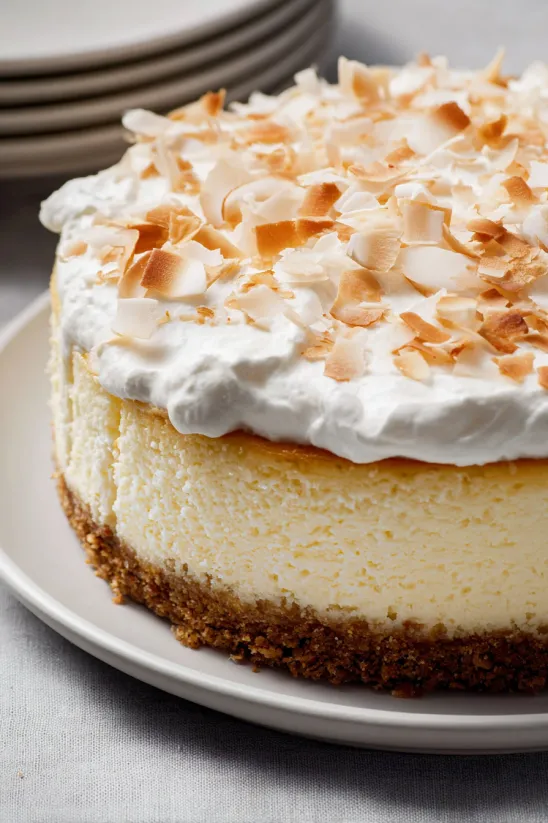 A slice of cheesecake with coconut on top.