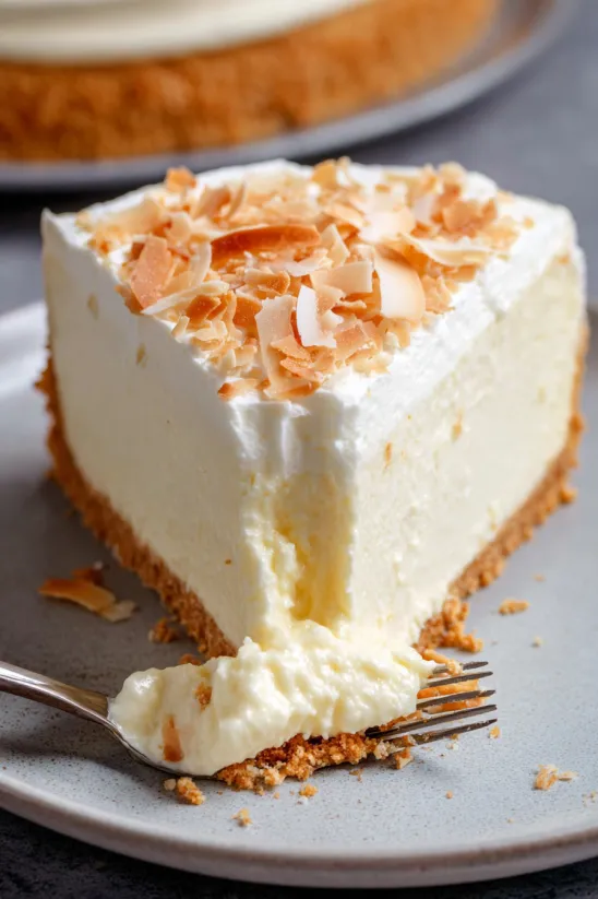 A slice of cake with coconut on top.