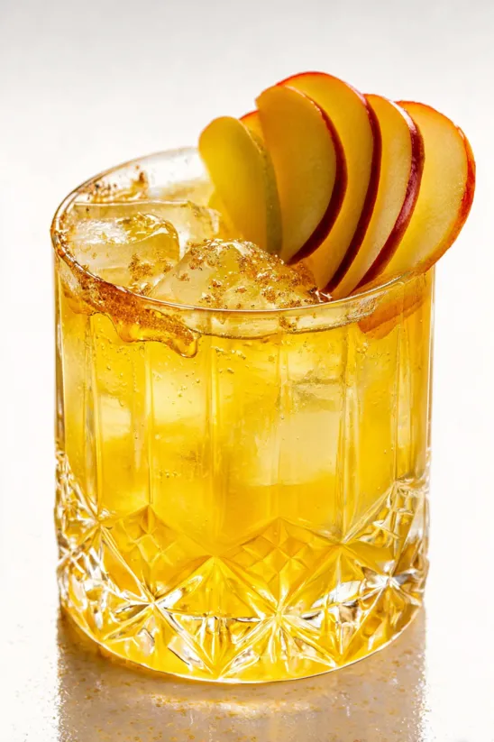 A glass of spiked apple cider with a slice of apple on top.