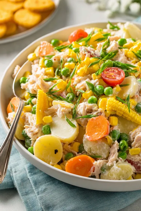 A bowl of Mexican chicken salad with carrots, corn, and peas.