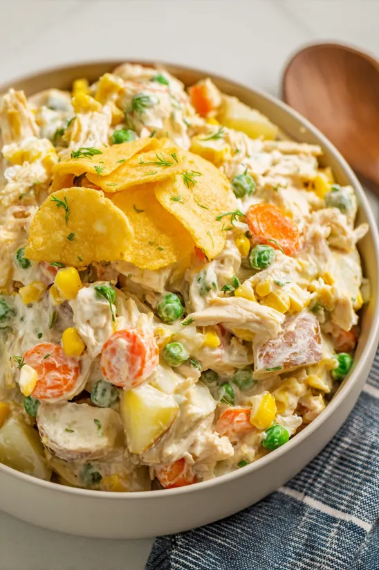 A bowl of food with chicken, peas, corn, and potatoes.