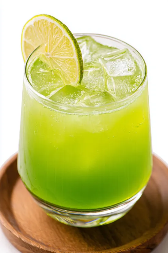A glass of green cucumber agua fresca.