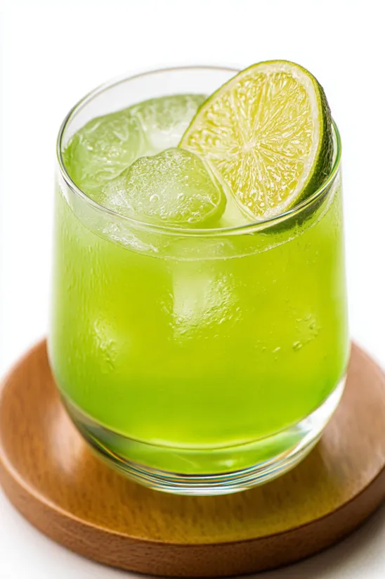 A glass of green liquid with a slice of lemon in it.