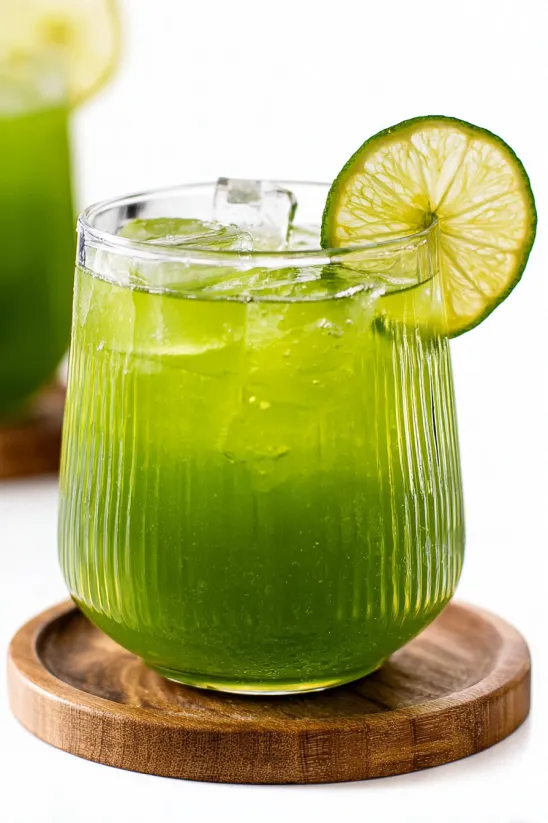 A glass of green drink with a slice of lemon.