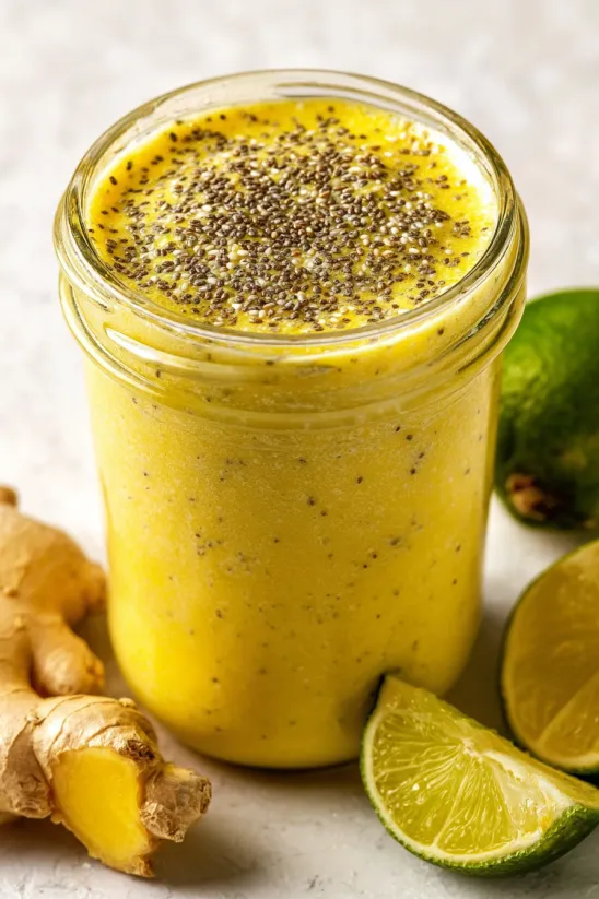 A jar of yellow liquid with a garnish of lime and a sprinkle of ginger.