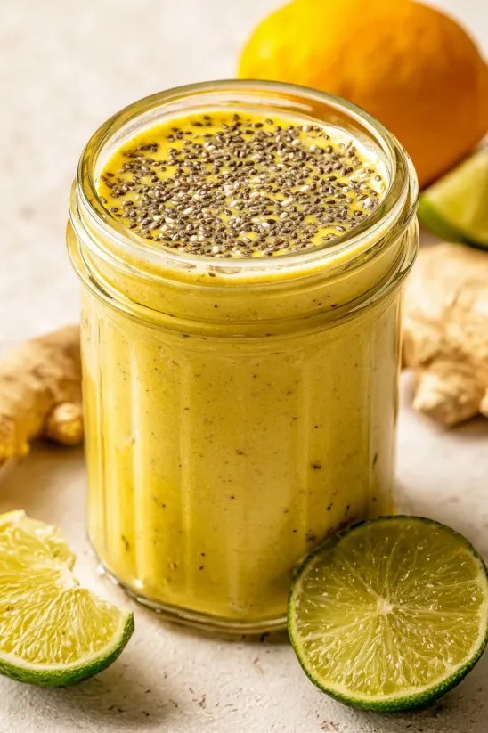 A jar of yellow soup with a lime wedge on the side.