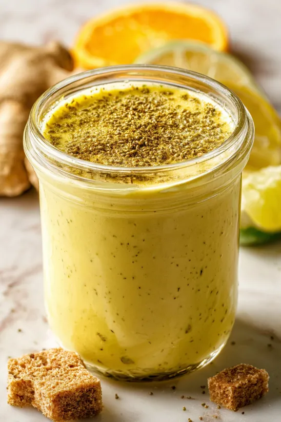 A jar of yellow sauce with ginger and lemon.