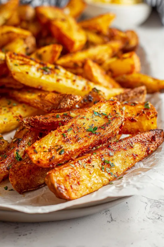 A plate of crispy baked potato wedges.