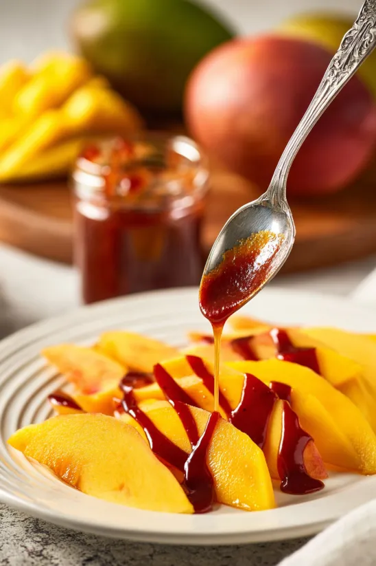 A plate of sliced peaches with chamoy sauce drizzled over them.