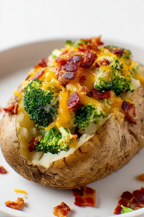 A loaded baked potato with cheese and bacon.
