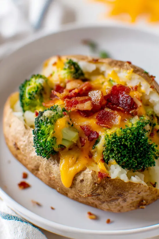 A close up of a baked potato with broccoli and bacon.