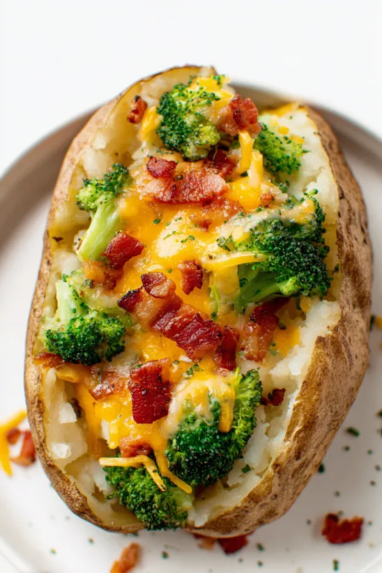 A baked potato with cheese and broccoli.