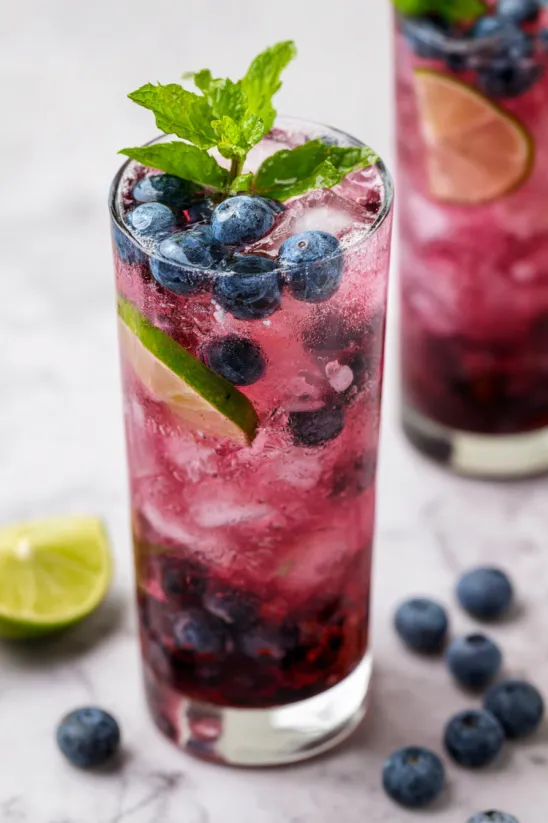 A glass of blueberry mojito with a lime wedge.