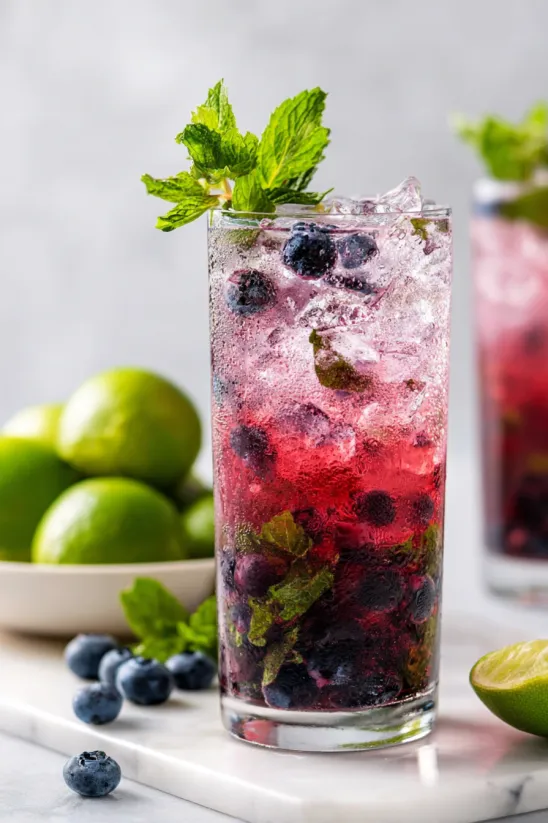 A glass of blueberry juice with a sprig of mint.