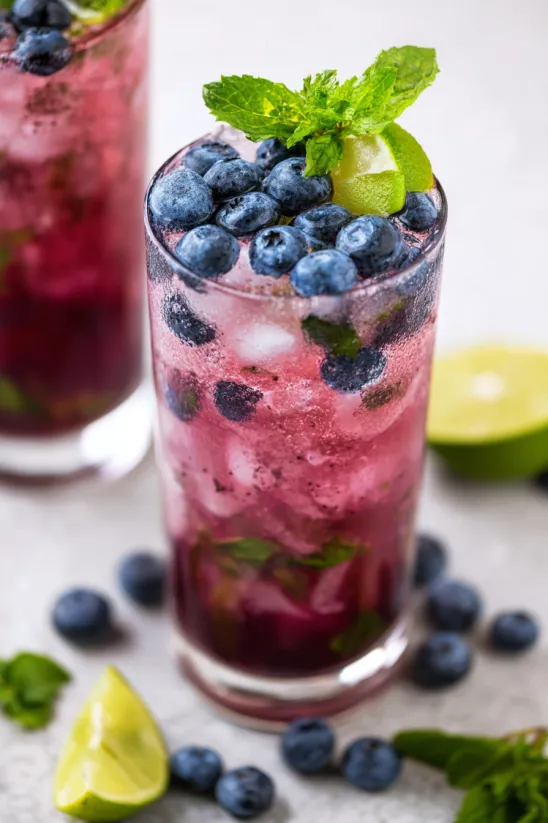 A glass of blueberry juice with a lime wedge.