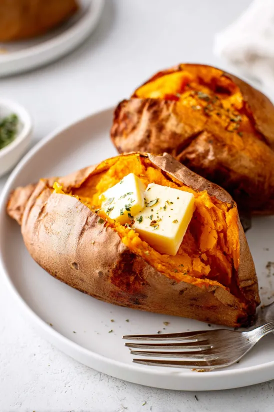 A slice of butter on a baked potato.