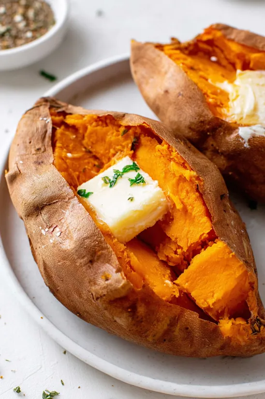 A slice of potato with butter in it.