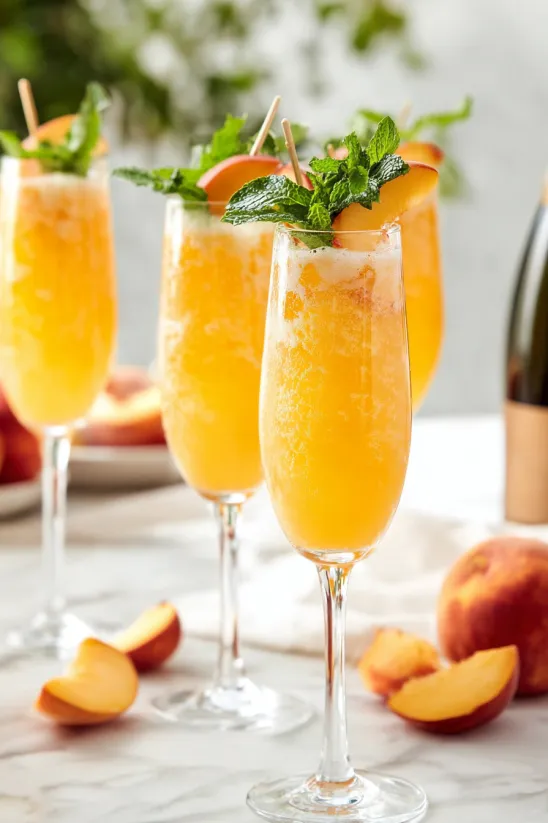 Four glasses of orange juice with mint leaves.
